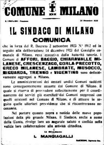 La delibera comunale che aggregava al Comune di Milano gli altri comuni posti nell'immediata periferia